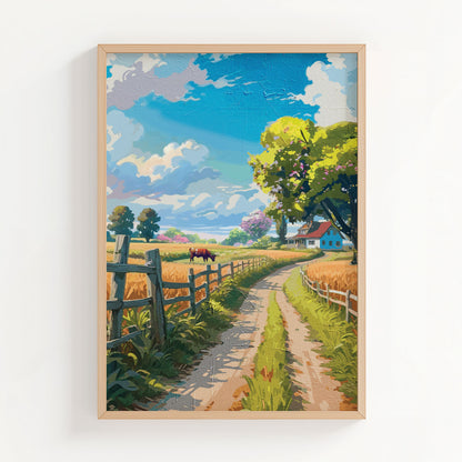 Peaceful countryside landscape featuring a winding dirt path, golden fields and a farmhouse beneath a bright blue sky