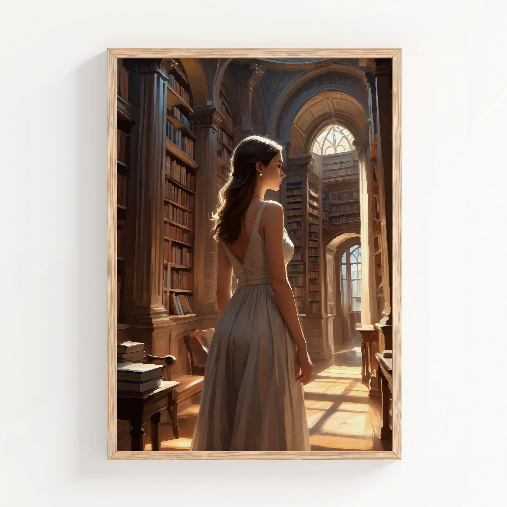 Elegant library artwork featuring a woman in a flowing white dress standing among towering bookshelves and warm sunlight