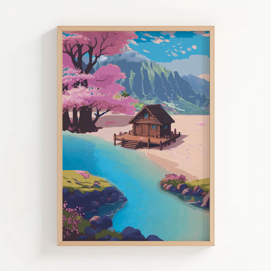 Dreamy landscape artwork of a wooden cabin beside turquoise water with pink blossom trees and mountain backdrop