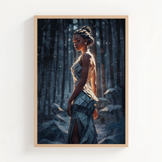 Moody portrait artwork of a woman standing in a dark forest illuminated by soft glowing light