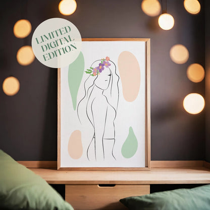 Minimalist line art of a woman in profile adorned with a floral crown, set against soft green and beige abstract shapes, modern feminine printable wall decor
