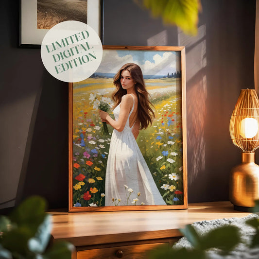 Romantic illustration of a young woman in a flowing white dress standing in a vibrant wildflower meadow. She holds a bouquet of white daisies as warm sunlight highlights her long, wavy hair. Colourful flowers surround her under a bright sky with soft clouds, creating a dreamy, serene summer atmosphere.