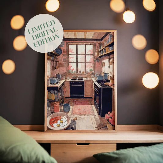 Printable wall art of a warm, rustic kitchen filled with pots, pans, and open shelving, with a large window overlooking blooming pink trees, perfect for cottagecore, farmhouse, or vintage-inspired home decor