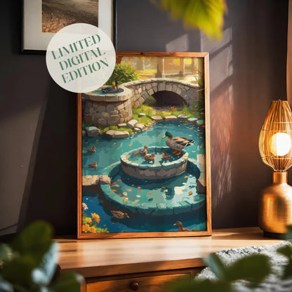 Charming illustrated garden scene featuring ducks and ducklings swimming in a turquoise pond with a tiered stone fountain and a small stone bridge in the background. Surrounded by lush greenery and warm sunlight, the artwork creates a peaceful, storybook countryside atmosphere. Printable Wall Art. Digital Download.