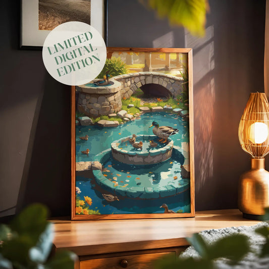 Charming illustrated garden scene featuring ducks and ducklings swimming in a turquoise pond with a tiered stone fountain and a small stone bridge in the background. Surrounded by lush greenery and warm sunlight, the artwork creates a peaceful, storybook countryside atmosphere. Printable Wall Art. Digital Download.
