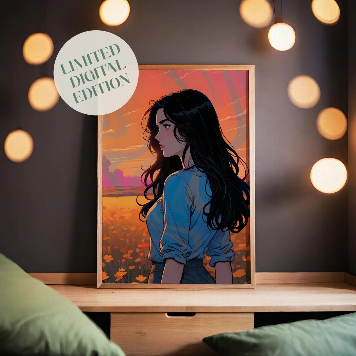 Printable wall art of a woman with flowing dark hair standing in a golden flower field at sunset, wearing a blue shirt, with warm, dreamy skies in the background, perfect for serene and modern home decor