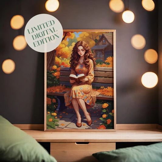 Digital wall art of a woman in a floral dress reading a book on a park bench, surrounded by autumn leaves and flowers in warm orange and yellow tones