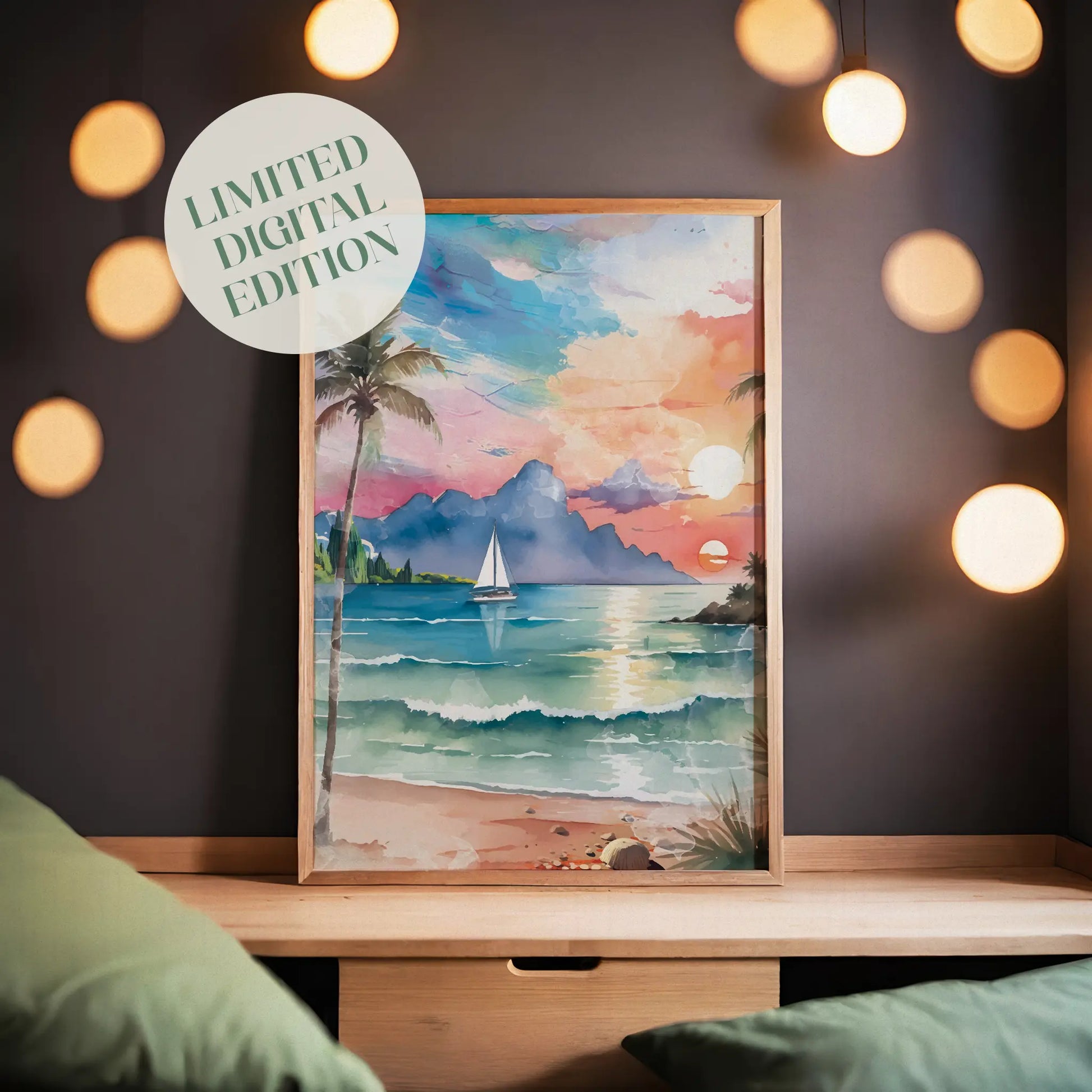 Watercolor-style printable wall art of a tropical beach sunset with palm trees, ocean waves, a sailboat, and mountains in the distance under a colorful sky