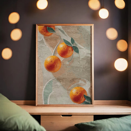 Printable wall art featuring a textured, abstract background with bright orange citrus fruits and green leaves, evoking a rustic, Mediterranean-inspired aesthetic, perfect for kitchen or dining room decor