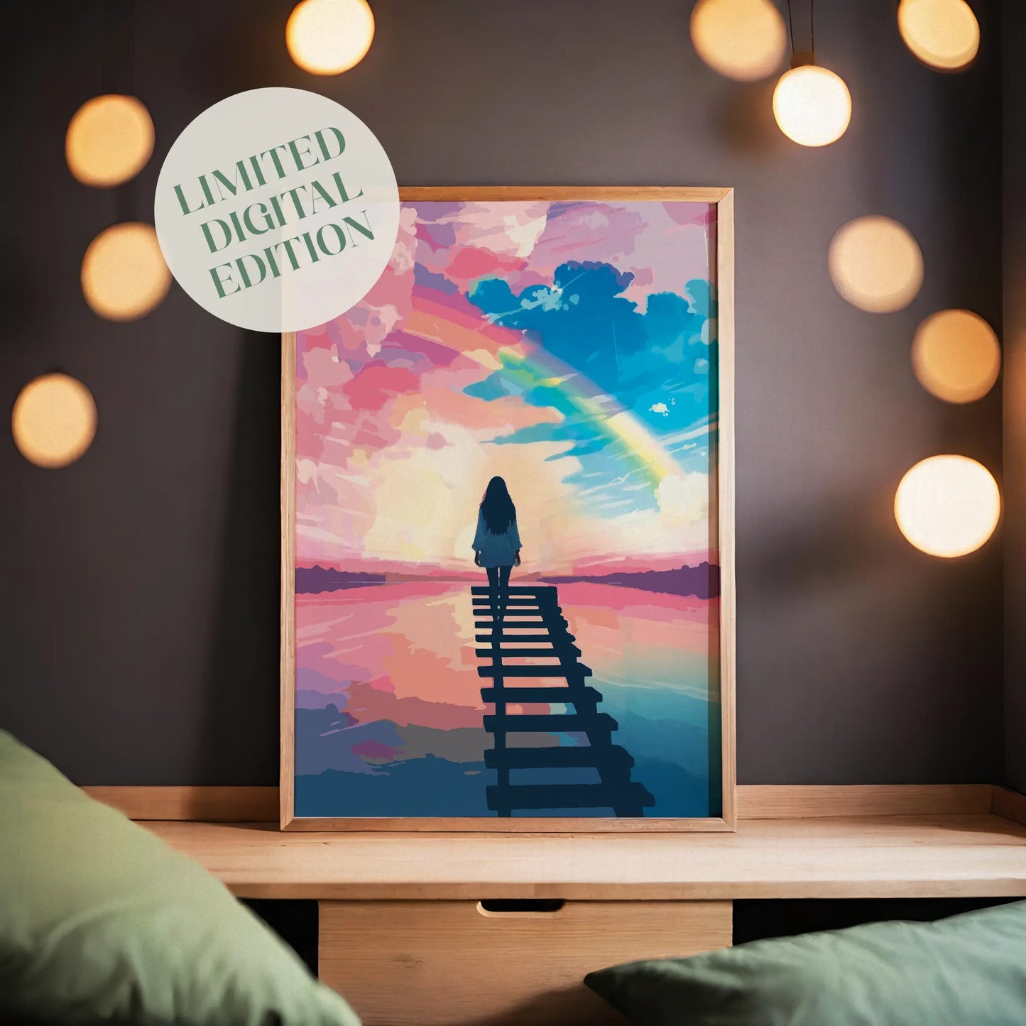 Colorful digital artwork of a girl walking on a wooden path toward a vivid rainbow in a dreamy sky, inspirational printable wall art for home or office decor