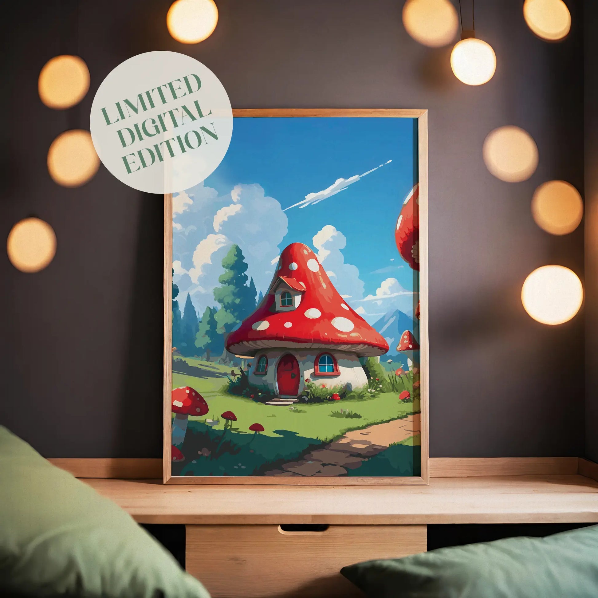 Whimsical fantasy scene featuring a cozy mushroom-shaped house with a red and white spotted roof, round windows, and a red door. Set in a sunny meadow with green grass, flowers, and tall trees under a bright blue sky with fluffy clouds and distant mountains