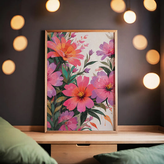 Vibrant watercolor floral wall art featuring bold pink, orange, and purple blossoms with lush green leaves - perfect printable decor for a modern, botanical-inspired space
