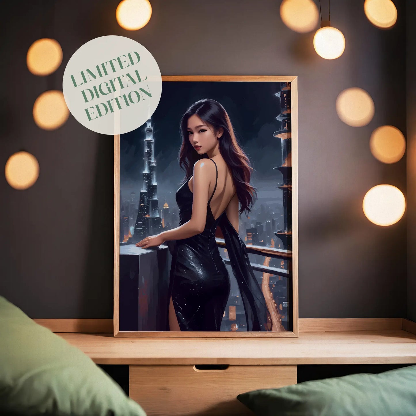 Elegant digital wall art of a woman in a sleek black evening gown standing on a balcony, gazing over a glowing futuristic city skyline at night with illuminated skyscrapers