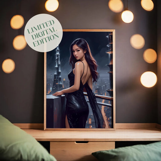 Elegant digital wall art of a woman in a sleek black evening gown standing on a balcony, gazing over a glowing futuristic city skyline at night with illuminated skyscrapers