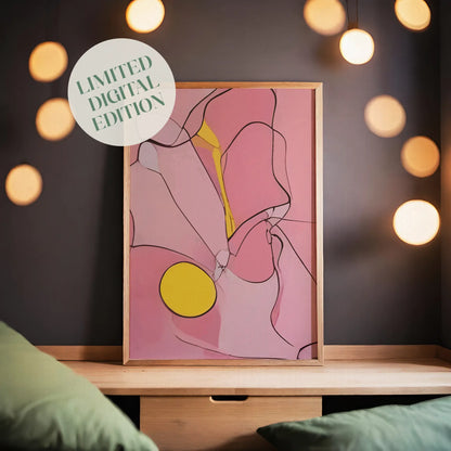 Abstract printable wall art featuring fluid pink shapes outlined with fine black lines, accented by a bold yellow circle and stroke, creating a modern and expressive composition perfect for contemporary interiors