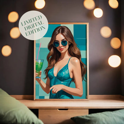 Chic summer-themed printable wall art featuring a stylish woman in teal sunglasses and dress, holding a vibrant green cocktail, set against a bold geometric teal and aqua background - perfect for beach or poolside decor