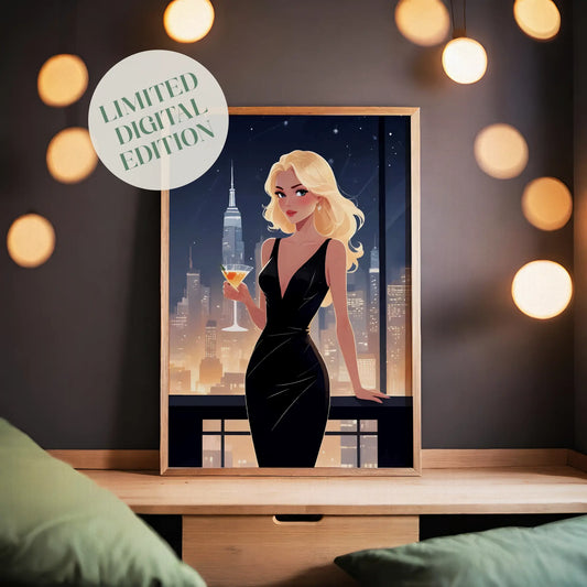 Stylish digital illustration of a glamorous blonde woman in a sleek black dress holding a cocktail, with a glowing city skyline and skyscrapers at night, elegant printable wall art