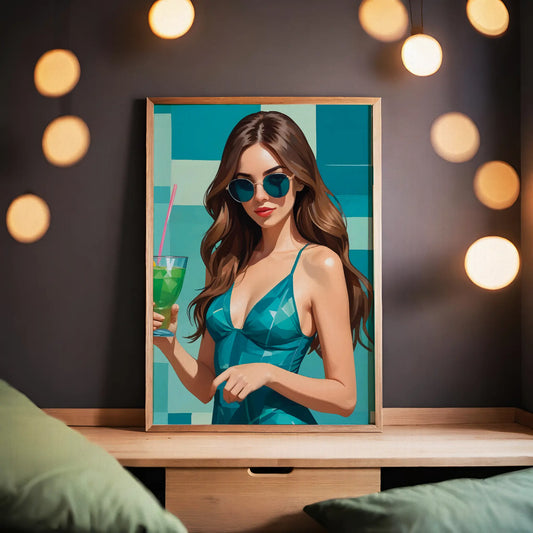 Chic summer-themed printable wall art featuring a stylish woman in teal sunglasses and dress, holding a vibrant green cocktail, set against a bold geometric teal and aqua background - perfect for beach or poolside decor