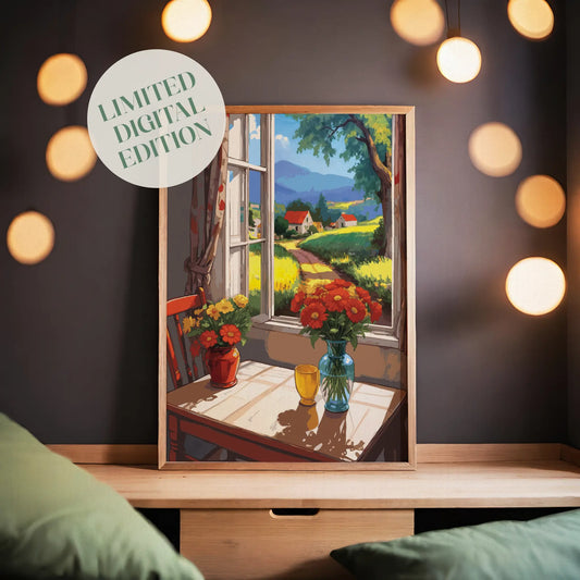 Cozy cottage window view with countryside path, red roof houses, mountains and flowers on table, rustic farmhouse printable wall art digital download
