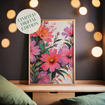 Vibrant watercolor floral wall art featuring bold pink, orange, and purple blossoms with lush green leaves - perfect printable decor for a modern, botanical-inspired space