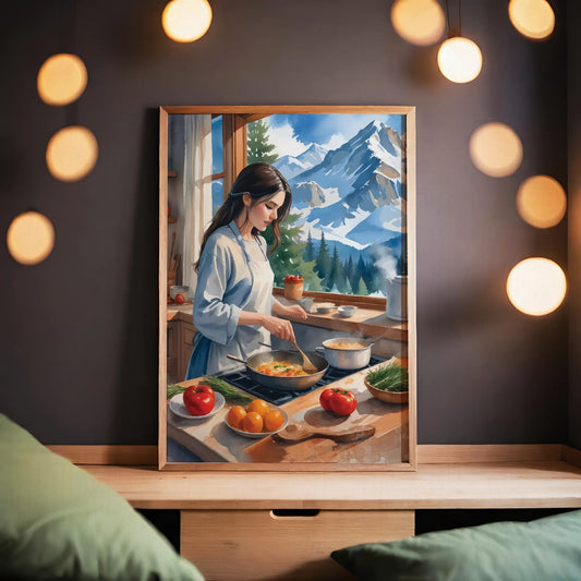 Charming digital painting of a woman cooking in a cozy kitchen with a stunning snowy mountain view - warm, rustic printable wall art ideal for kitchen or cabin decor