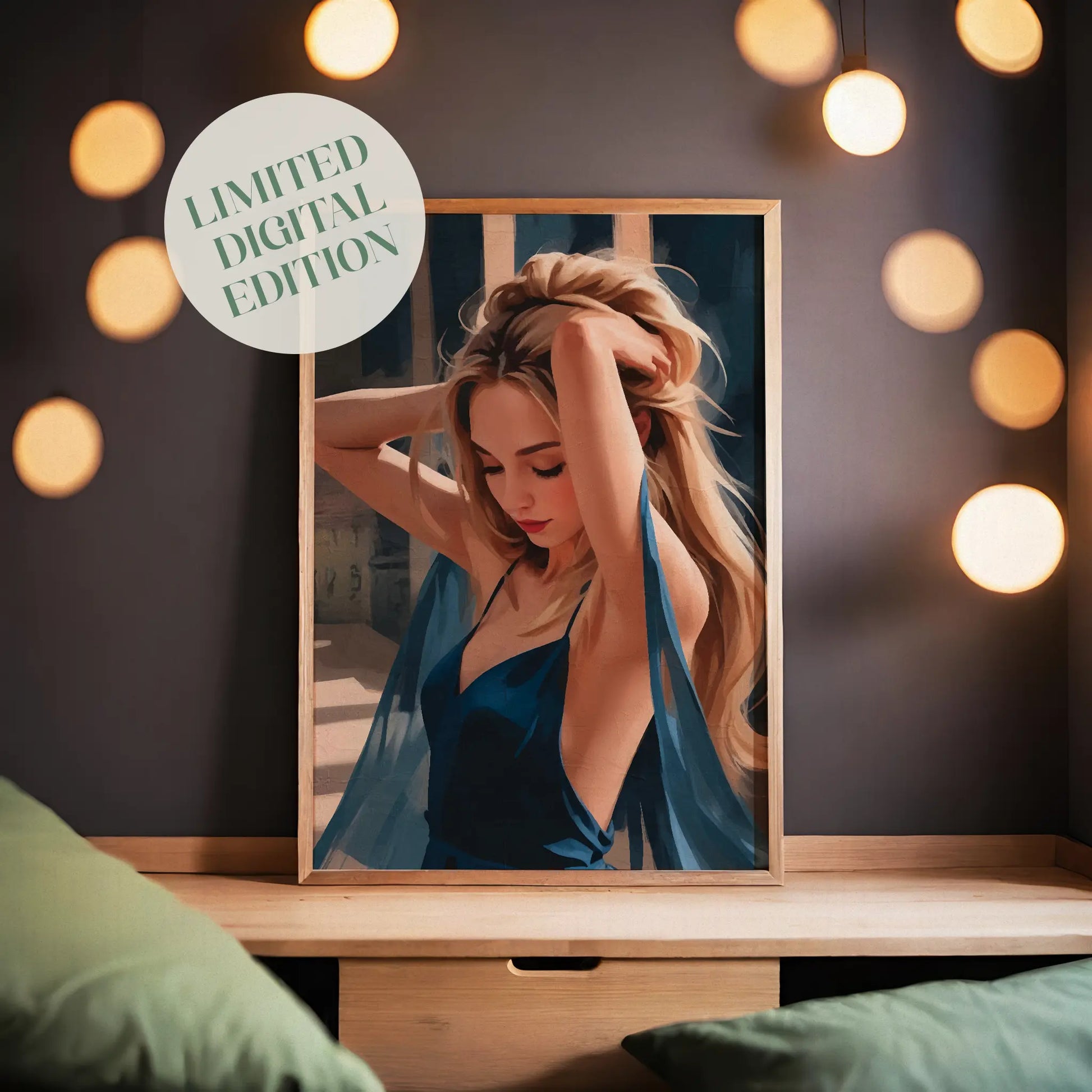 Elegant digital painting of a blonde woman in a flowing deep blue dress with hands in her hair, captured in warm sunlight, high-resolution printable wall art