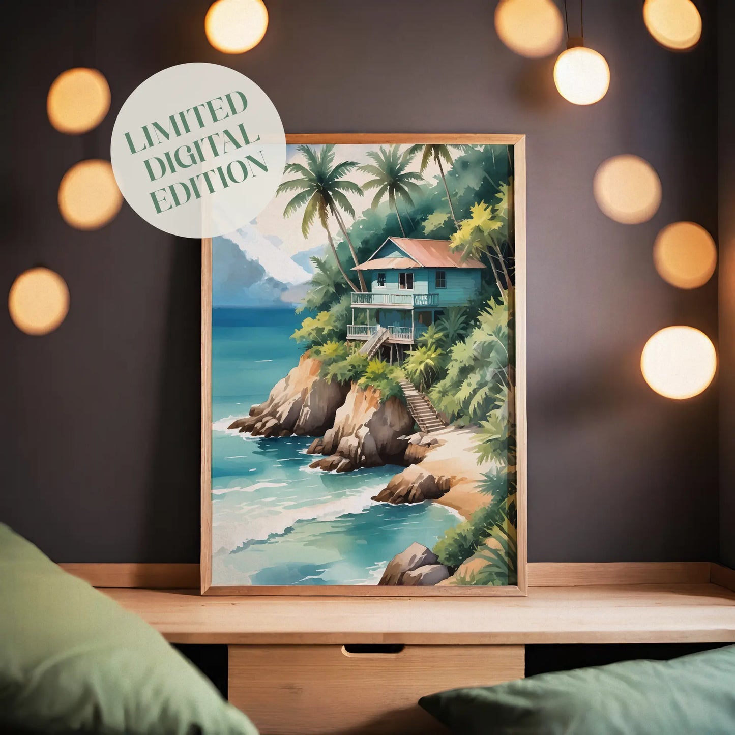 Tropical beach wall art of a wooden house on a cliff surrounded by palm trees, overlooking turquoise ocean waves with mountains in the background