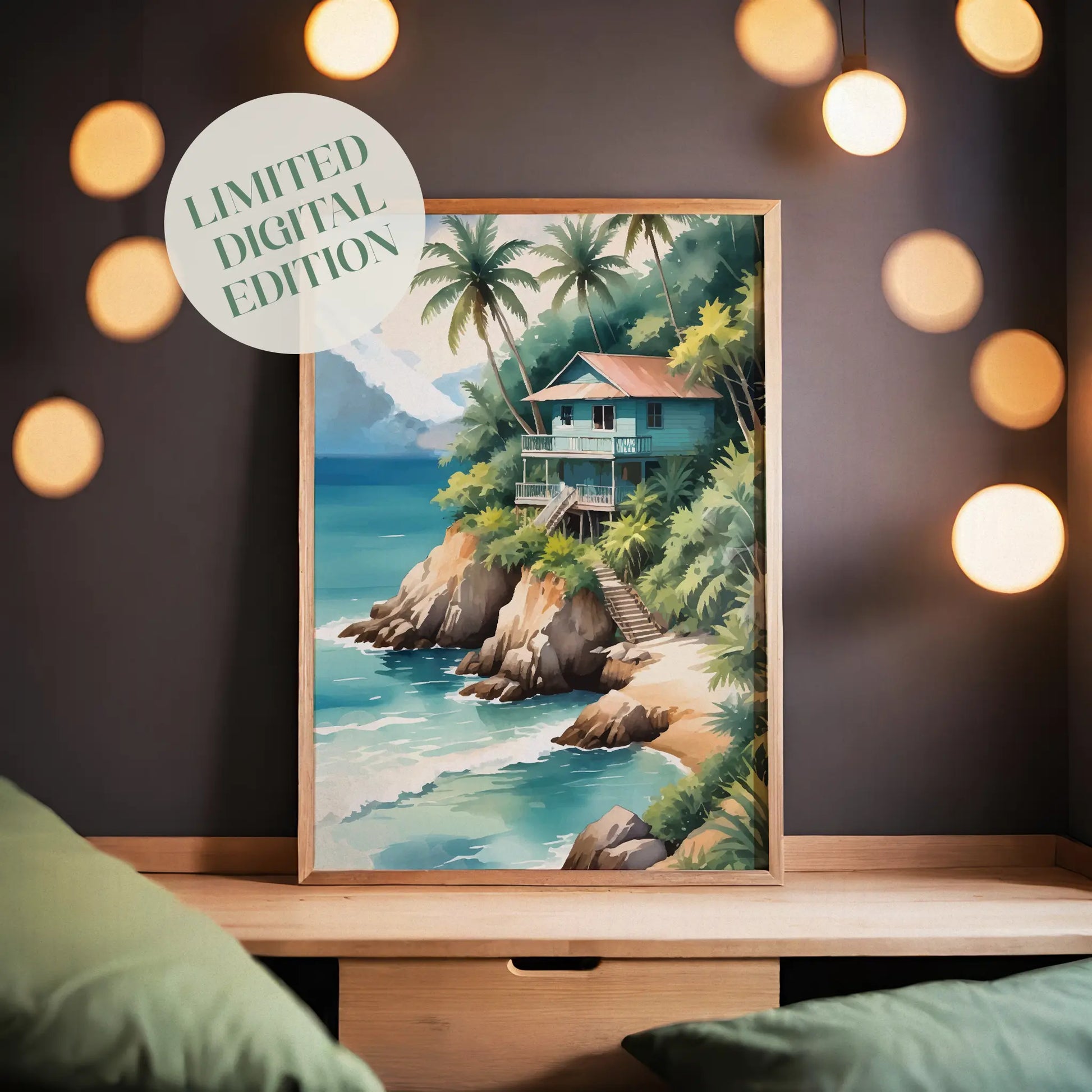 Tropical beach wall art of a wooden house on a cliff surrounded by palm trees, overlooking turquoise ocean waves with mountains in the background