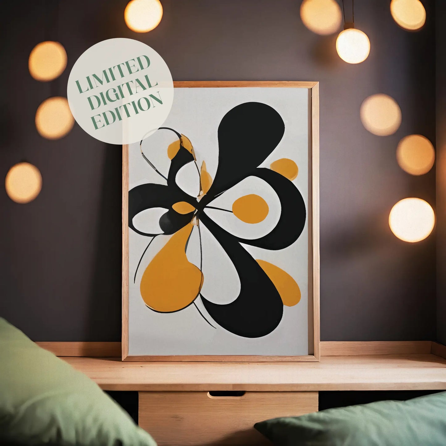 Modern abstract wall art featuring bold black and orange organic shapes with smooth curves on a light background