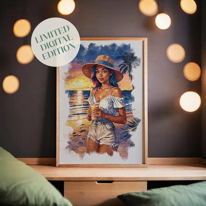 Vibrant beach scene illustration of a young woman with rainbow-tinted hair wearing a straw hat, white off-shoulder top, and denim shorts, holding a tropical drink. The sunset glows behind her with warm orange and purple tones reflecting on the ocean waves, creating a relaxed and summery atmosphere.