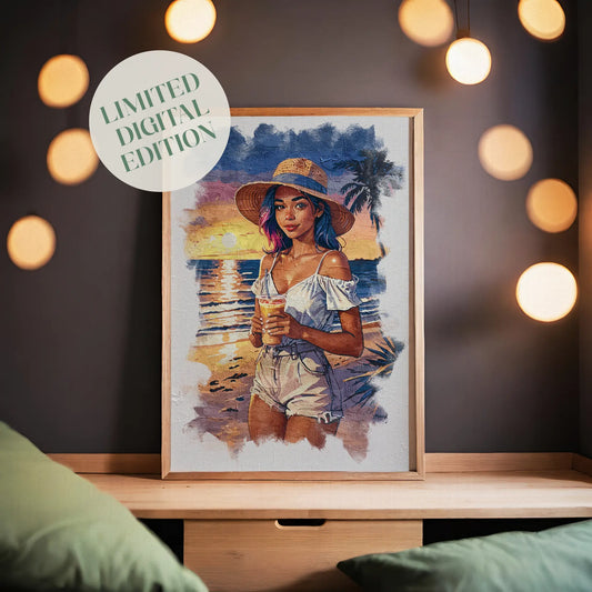 Vibrant beach scene illustration of a young woman with rainbow-tinted hair wearing a straw hat, white off-shoulder top, and denim shorts, holding a tropical drink. The sunset glows behind her with warm orange and purple tones reflecting on the ocean waves, creating a relaxed and summery atmosphere.