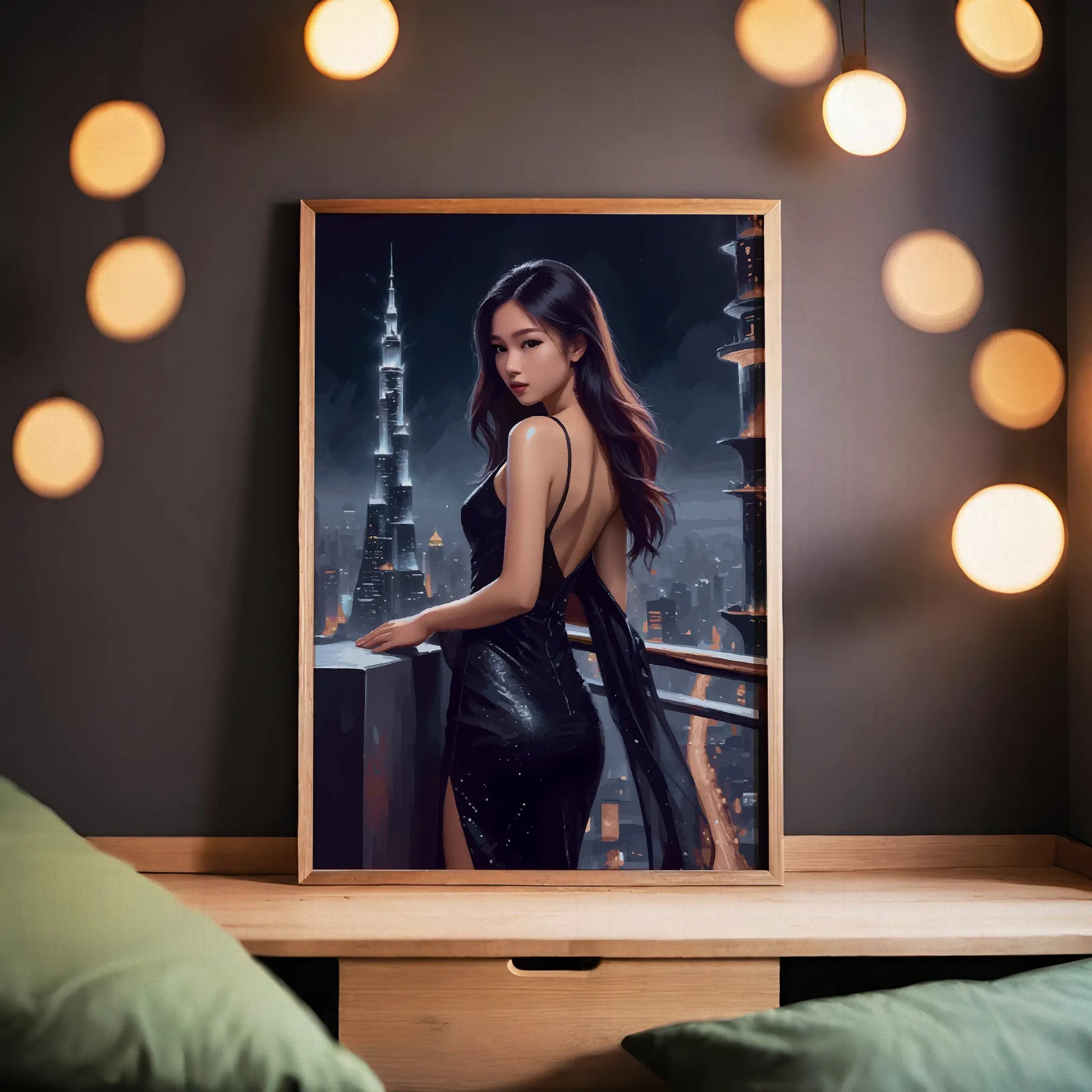 Elegant digital wall art of a woman in a sleek black evening gown standing on a balcony, gazing over a glowing futuristic city skyline at night with illuminated skyscrapers