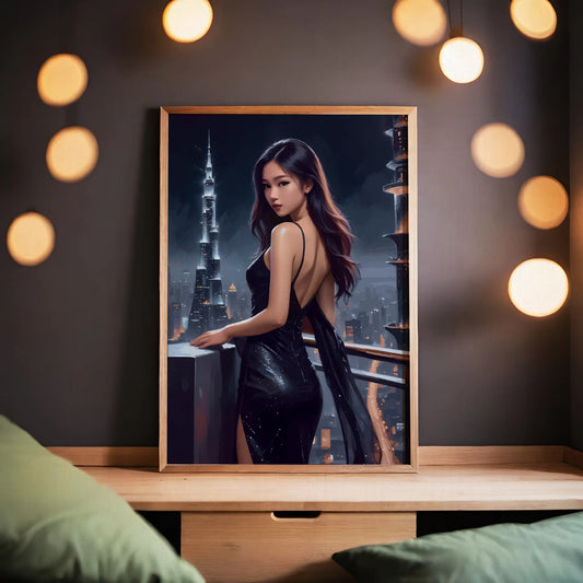 Elegant digital wall art of a woman in a sleek black evening gown standing on a balcony, gazing over a glowing futuristic city skyline at night with illuminated skyscrapers