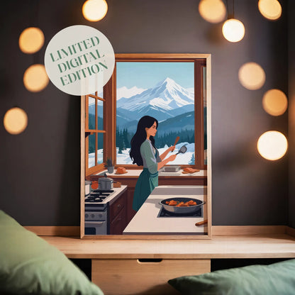 Cozy digital wall art of a woman cooking in a warm kitchen with large windows, overlooking snowy mountains and pine trees