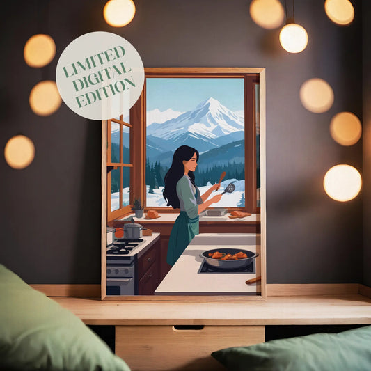 Cozy digital wall art of a woman cooking in a warm kitchen with large windows, overlooking snowy mountains and pine trees