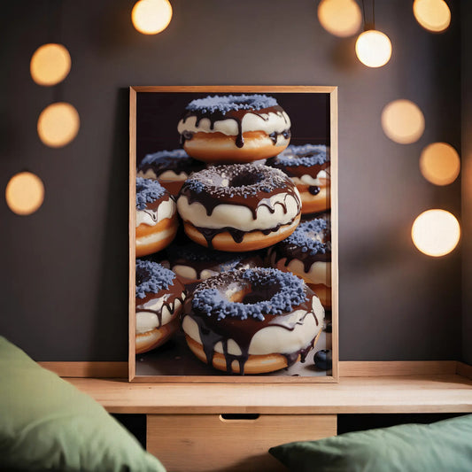 Printable wall art of a stack of donuts topped with rich chocolate glaze, white icing, and blue sprinkles, captured in a mouthwatering, hyper-realistic style, perfect for kitchen or bakery-themed decor