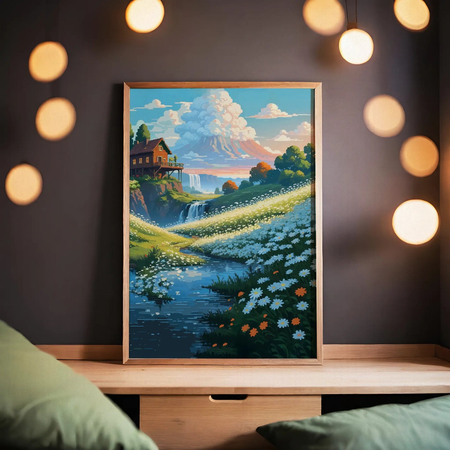 Printable wall art of a serene mountain landscape with a cozy wooden cabin, wildflower meadow, flowing river, and distant waterfall under a colorful sky, perfect for nature-inspired home decor