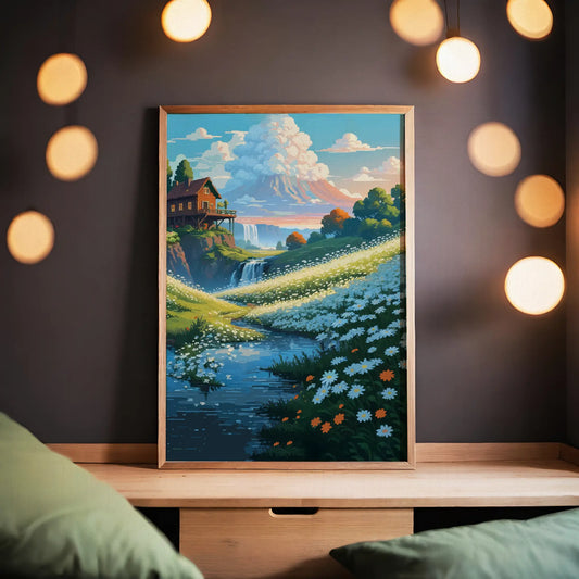 Printable wall art of a serene mountain landscape with a cozy wooden cabin, wildflower meadow, flowing river, and distant waterfall under a colorful sky, perfect for nature-inspired home decor