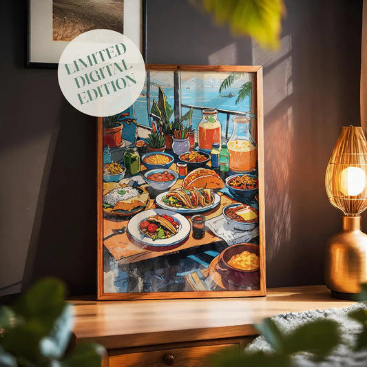 Colorful printable wall art of a festive Mexican dining table filled with tacos, rice, pasta, fresh vegetables, drinks, and juices, set against a scenic seaside view with potted plants and sailboats in the distance.
