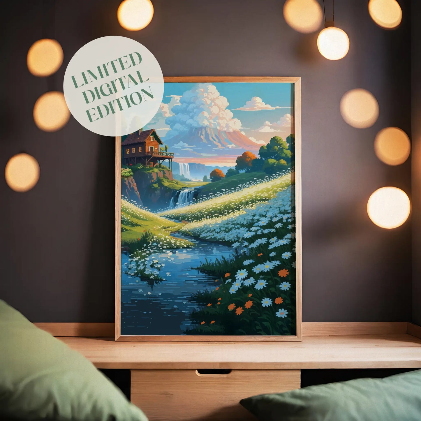 Printable wall art of a serene mountain landscape with a cozy wooden cabin, wildflower meadow, flowing river, and distant waterfall under a colorful sky, perfect for nature-inspired home decor