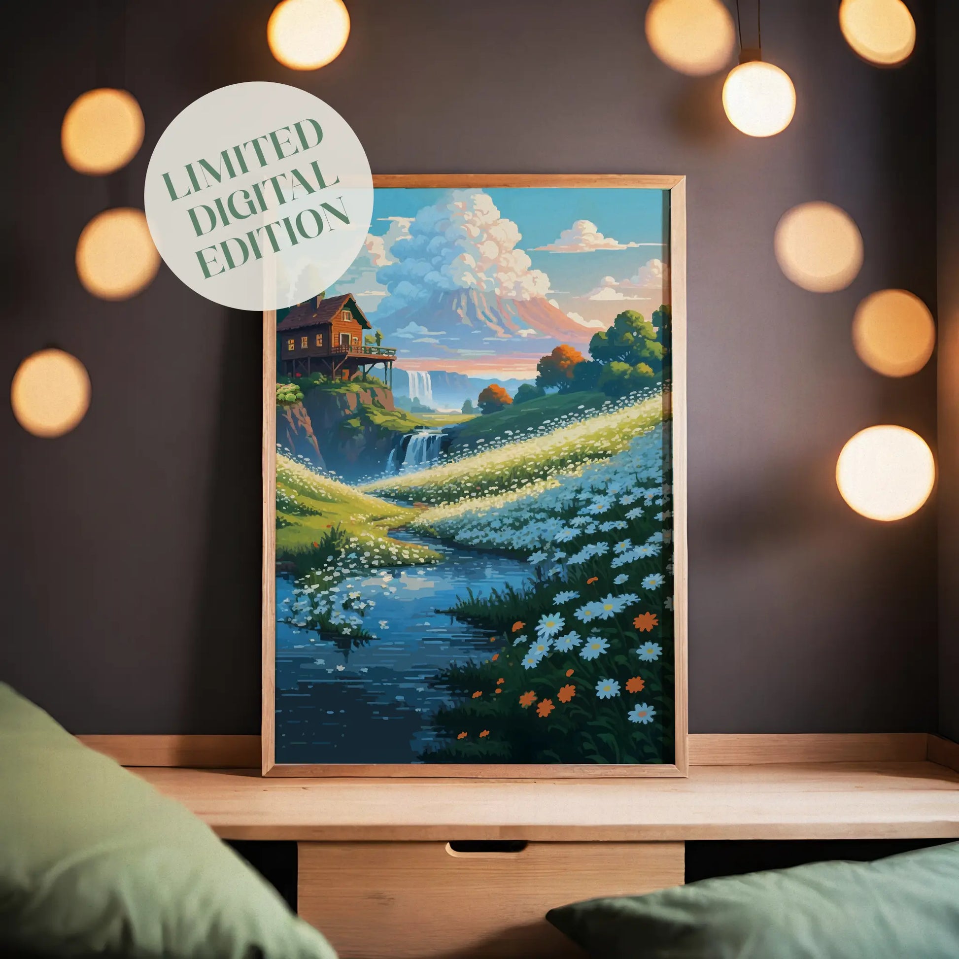 Printable wall art of a serene mountain landscape with a cozy wooden cabin, wildflower meadow, flowing river, and distant waterfall under a colorful sky, perfect for nature-inspired home decor