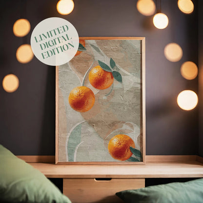 Printable wall art featuring a textured, abstract background with bright orange citrus fruits and green leaves, evoking a rustic, Mediterranean-inspired aesthetic, perfect for kitchen or dining room decor