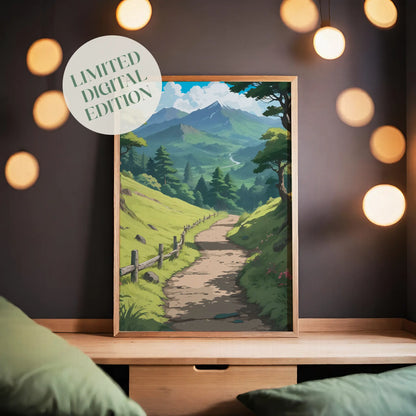 Peaceful nature landscape featuring a winding dirt path through bright green hills, lined with a rustic wooden fence. Tall trees frame the scene, leading the eye toward distant blue mountains, rolling forests, and a river glistening under a sky filled with fluffy white clouds.