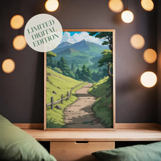 Peaceful nature landscape featuring a winding dirt path through bright green hills, lined with a rustic wooden fence. Tall trees frame the scene, leading the eye toward distant blue mountains, rolling forests, and a river glistening under a sky filled with fluffy white clouds.