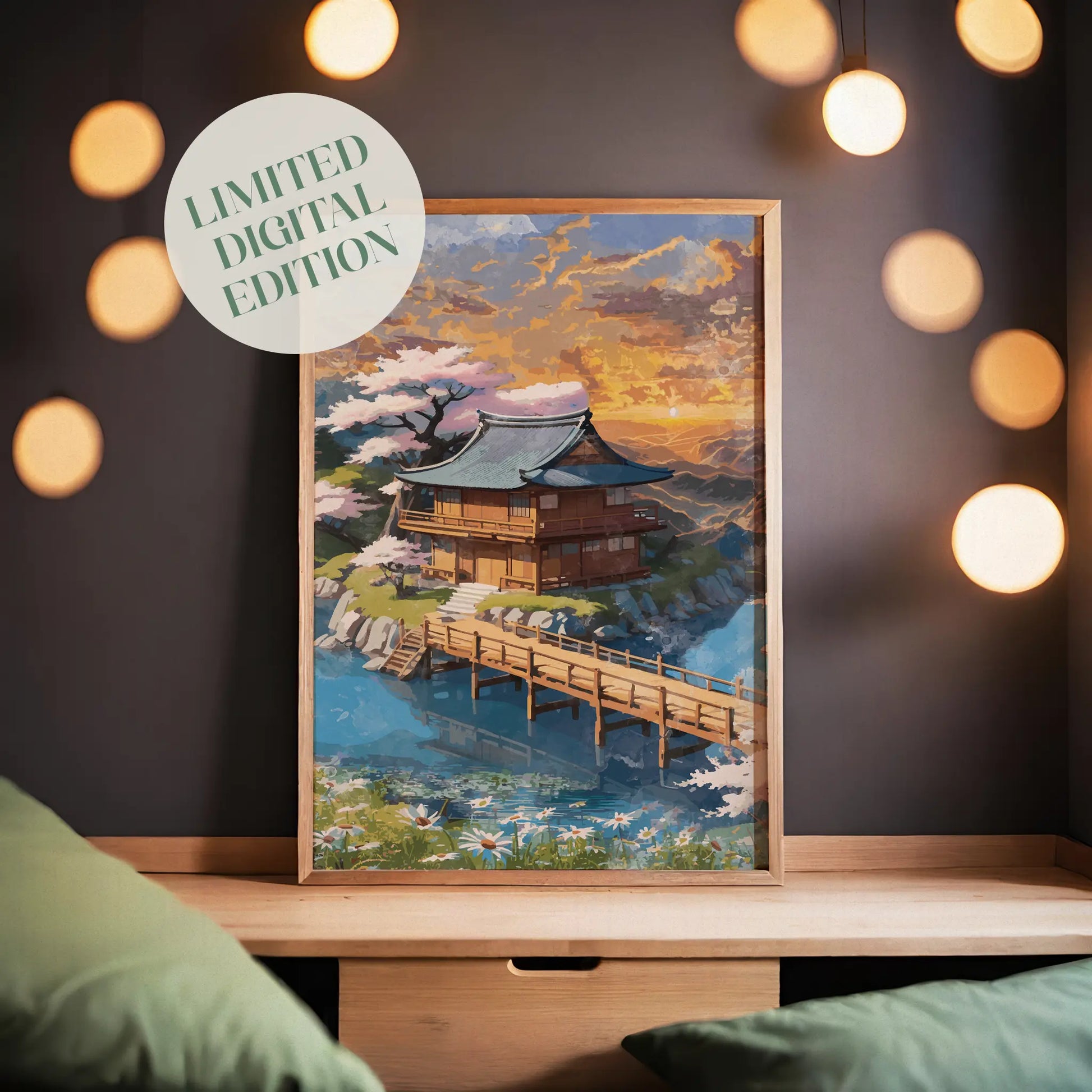 Serene fantasy landscape illustration of a traditional Japanese-style wooden house beside a calm river, connected by a wooden bridge. Surrounded by cherry blossom trees, wildflowers, and lush greenery under a glowing golden sunset sky, the scene evokes tranquility, harmony, and dreamy storybook charm. Printable Wall Art. Digital Download.
