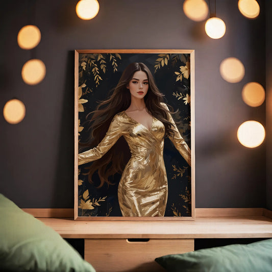 Elegant digital wall art of a woman in a shimmering gold dress surrounded by golden flowers and leaves on a dark background