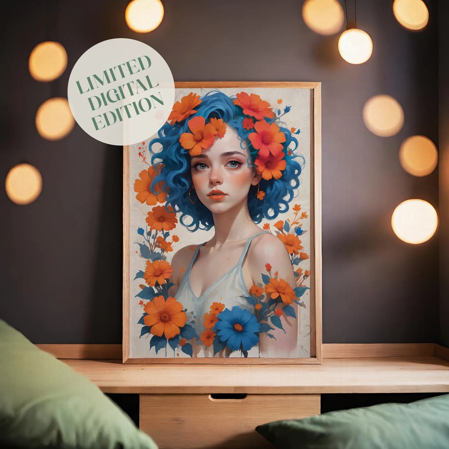 Whimsical digital portrait of a young woman with vibrant blue curly hair adorned with orange and red flowers, surrounded by matching blossoms - striking printable wall art for bold and artistic home decor