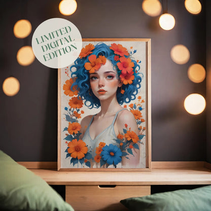 Whimsical digital portrait of a young woman with vibrant blue curly hair adorned with orange and red flowers, surrounded by matching blossoms - striking printable wall art for bold and artistic home decor