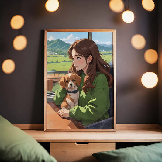 Cozy printable wall art featuring a girl with long brown hair in a green sweater, sitting by the window with a cute puppy, enjoying a peaceful countryside view with mountains and blue skies - perfect for dog lovers and nature-inspired home decor. 