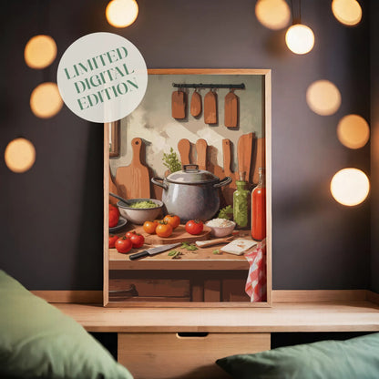 Printable wall art of a rustic kitchen scene with fresh tomatoes, herbs, a cooking pot, cutting boards, and bottles of oil and sauce on a wooden countertop, perfect for cozy farmhouse or kitchen-themed decor